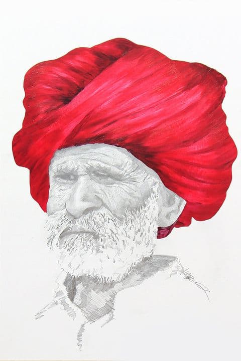 Painted portrait of a man in a red turban